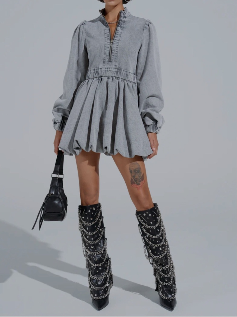 AKIRA Washed Blue Denim paper bag Bubble Mini Dress with Front Zip and - Picture 6 of 7